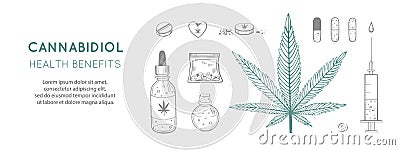 Cannabidiol Health benefits Vector background, banner. Hand drawn Infographic set of medical Cannabis, marijuana. Pills Vector Illustration