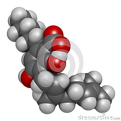 Cannabigerolic acid or CBGA cannabinoid molecule. 3D rendering. Atoms are represented as spheres with conventional color coding: Stock Photo