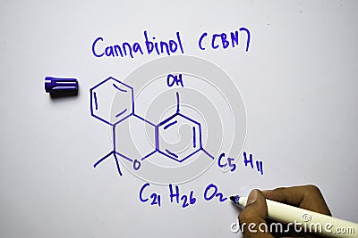 Cannabinol CBN molecule written on the white board. Structural chemical formula. Education concept Stock Photo