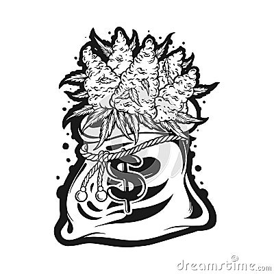 Cannabis currency dollar sign sack bud outline Vector Illustration