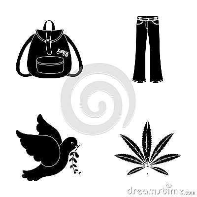 A cannabis leaf, a dove, jeans, a backpack.Hippy set collection icons in black style vector symbol stock illustration Vector Illustration