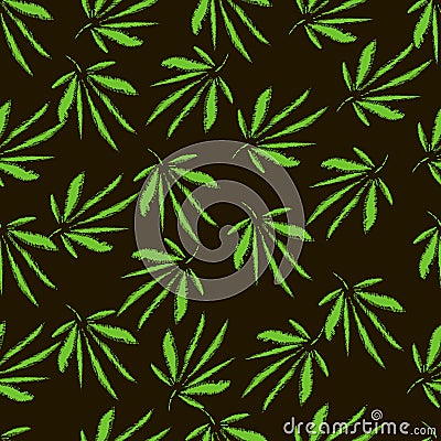 Cannabis leaves. Embroidery. Hand Drawn Vector Seamless Pattern Vector Illustration