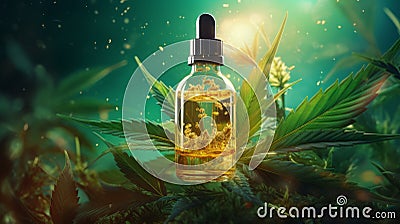 Cannabis oil in glass bottle with cannabis leaves on green background. Medical marijuana concept Stock Photo