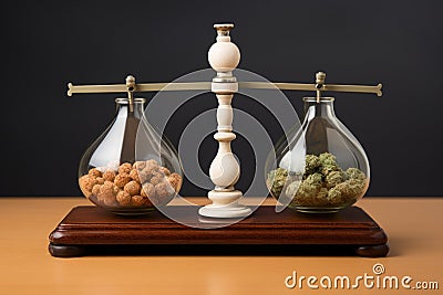 cannabis pills on a vintage balance scale, hinting comparison Stock Photo