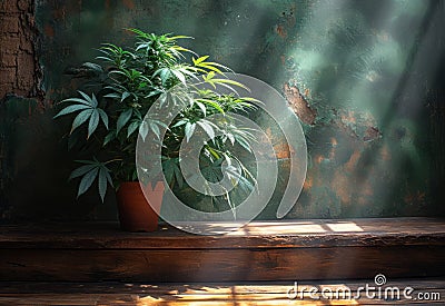 Cannabis plant in flowerpot on wooden shelf in room with old wall and sunlight Stock Photo