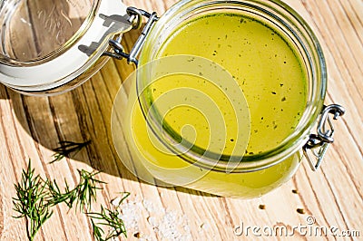 Canned broth, bouillon, clear soup Stock Photo