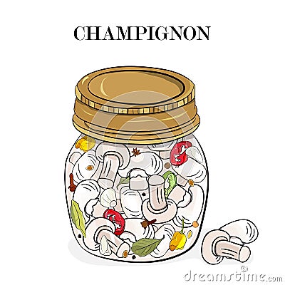 Canned champignons and spices. Vector Illustration