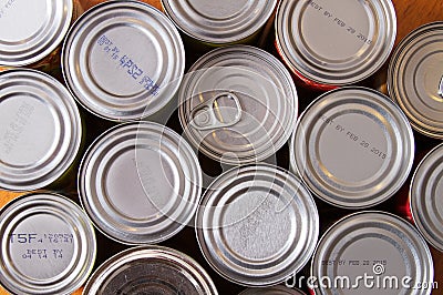 Canned Food Background with nobody. Stock Photo