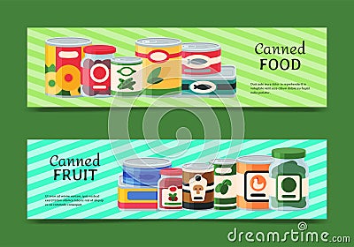 Canned food banner vector illustration. Vegetable product tinned container metal packaging. Soup conserve package can Vector Illustration