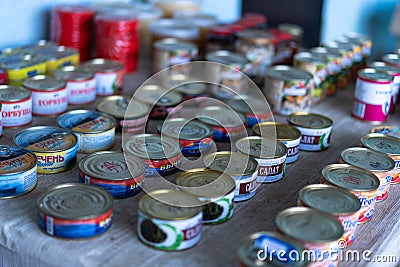 Canned food on the counter for sale Editorial Stock Photo