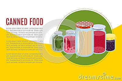 Canned food goods vector illusration banner. Package of various goods canned food glass jars for grocery store. Canned Vector Illustration