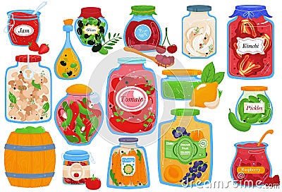 Canned food, isolated on white set, vector illustration. Homemade vegetable pickles in jar collection, cooking cucumber Vector Illustration