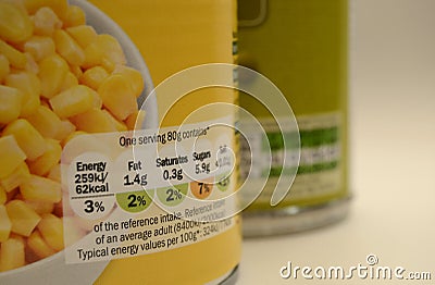 Canned Food Packaging UK Per Serving Nutrition Label Stock Photo