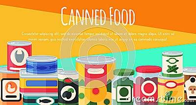 Canned food poster vector illustration. Vegetable product tinned container metal packaging. Soup conserve package can Vector Illustration