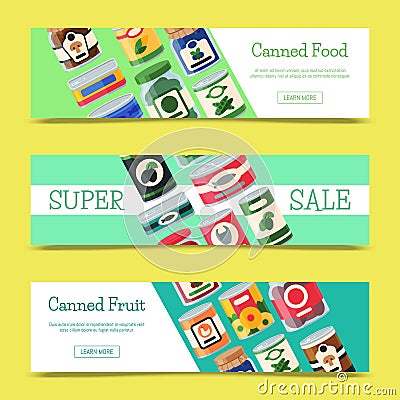 Canned food sale banner vector illustration. Vegetable product tinned container metal packaging. Soup conserve package Vector Illustration