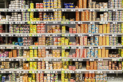 Canned Food On Supermarket Stand Editorial Stock Photo