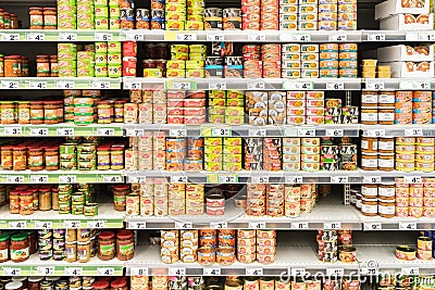 Canned Food On Supermarket Stand Editorial Stock Photo