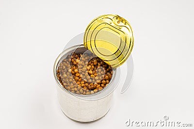 Canned food on white background. Lentils Stock Photo