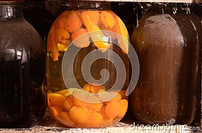 Canned fruits and compotes in jars covered with dust and cobwebs. Stock Photo