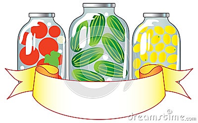 Canned fruits and vegetables in glass jars. Vector Illustration