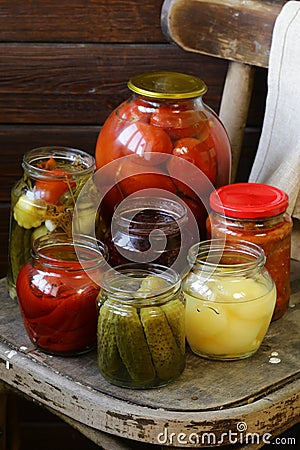 Canned fruits and vegetables in jars Stock Photo
