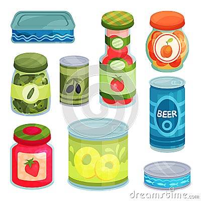 Canned goods, tinned food in a cans, glass jars and metal container cartoon vector Illustrations Vector Illustration