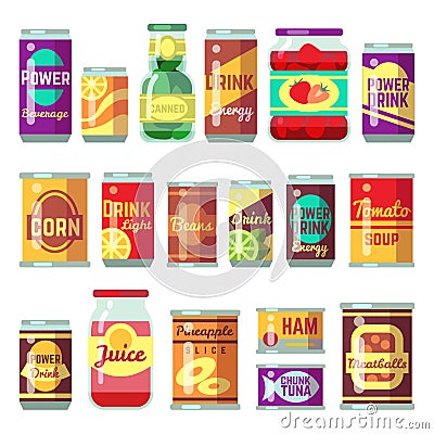 Canned goods vector set. Tinned food, conservation tomato soup and vegetables Vector Illustration