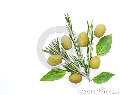 Canned green olives with rosemary Stock Photo