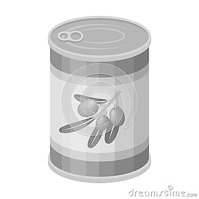 Canned olives in a can.Olives single icon in monochrome style vector symbol stock illustration web. Vector Illustration