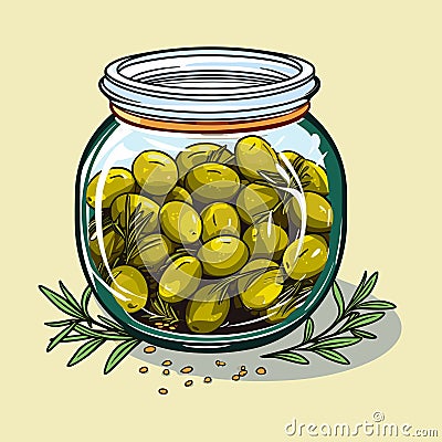 Canned olives in glass jar. Illustration outline food product in retro sketch style, vector Vector Illustration