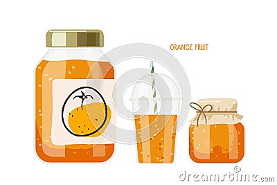 Canned orange fruit. Compote or jam or marmalade in jars, drink in glass, label. Canned fruit. Fruit conservation vector Vector Illustration