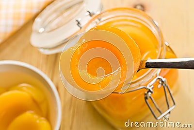 Canned peach Stock Photo