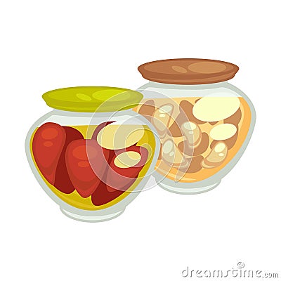 Canned red oblong tomatoes and champignons mushrooms in small jars Vector Illustration