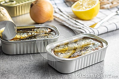 Canned sardines. Sea fish in tin can Stock Photo