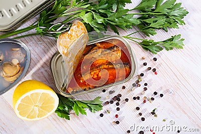 Canned sardines in tomato sauce Stock Photo