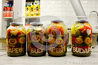 Canned Smilie Vegetables with the inscription Budapest. Selling conservation at the fair. Stock Photo