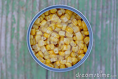 Canned sweet corn in a tin can. Stock Photo