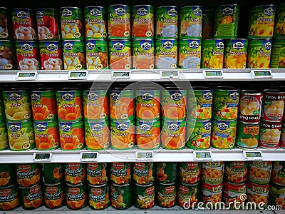 Canned tinned fruit section in gourmet supermarket Editorial Stock Photo