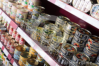 Canned and tinned products in Russian food store Editorial Stock Photo