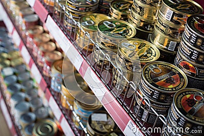 Canned and tinned products in Russian food store Editorial Stock Photo