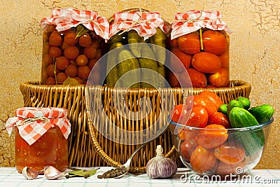 Canned Tomatoes And Fresh Vegetables Stock Photo