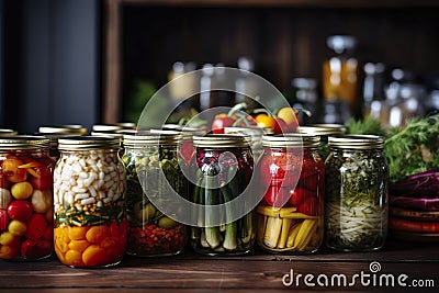 Canned vegetables in glass jars on the table. Homemade vegetables preserves. Stock Photo