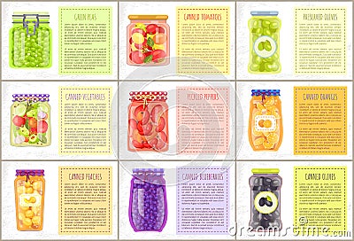 Canned Vegetables and Preserved Fruit in Glasses Vector Illustration