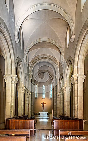 Main nave of Saint Marie Holy Mary church of Abbaye de Lerins monastery on Saint Honorat island offshore Cannes in France Editorial Stock Photo