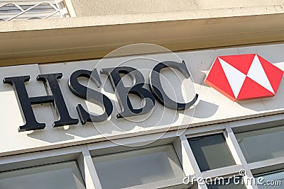 Cannes, France - October 25, 2017 : close up of HSBC bank entrance sign and logo at a retail branch in Cannes, France Editorial Stock Photo