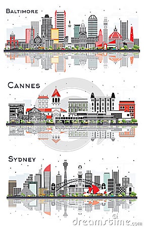 Cannes France, Sydney Australia and Baltimore Maryland City Skylines Set Stock Photo