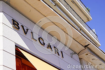 Bvlgari text brand and logo sign wall entrance facade Italian luxury store Editorial Stock Photo
