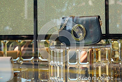 Gucci store windows handbags luxury leather shop from italian designer Editorial Stock Photo