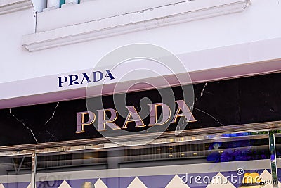 Prada store Italy logo text and sign brand facade Italian luxury fashion house Editorial Stock Photo