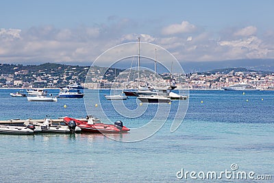 Cannes: view from Lerins Island. Small and large yachts anchored Stock Photo